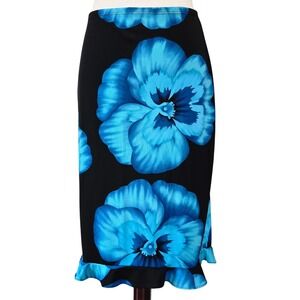 Vintage Black Blue Floral Midi Skirt Ruffle Hem Womens‎ S Tropical Exotic USA